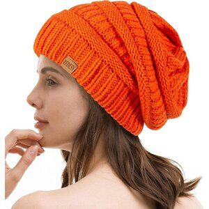 Women's Slouchy Rose Pink Beanie Winter Warm Chunky Skull Cable Knit Hat Cap